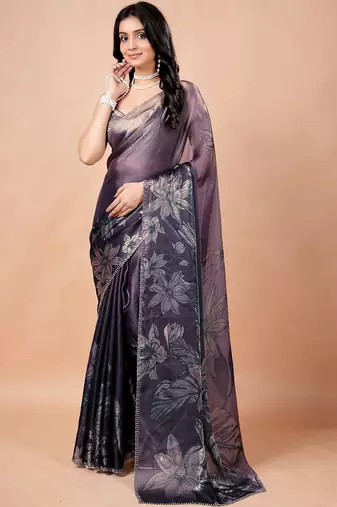 Purple floral beads and stones organza saree