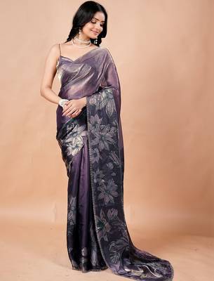Purple floral beads and stones organza saree 3