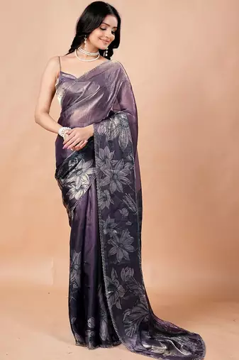 Purple floral beads and stones organza saree