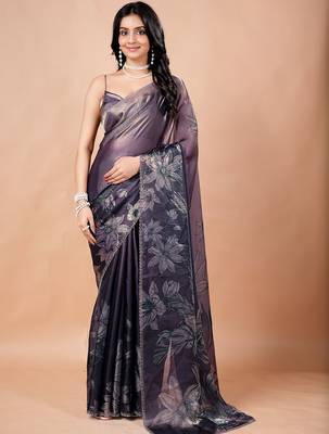 Purple floral beads and stones organza saree 4
