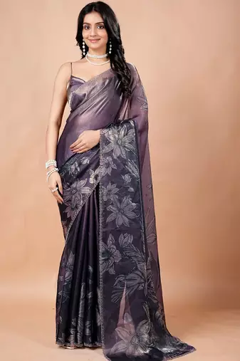 Purple floral beads and stones organza saree