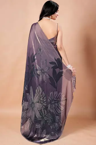 Purple floral beads and stones organza saree