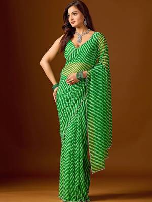 Green leheriya beads and stones  chiffon saree 1