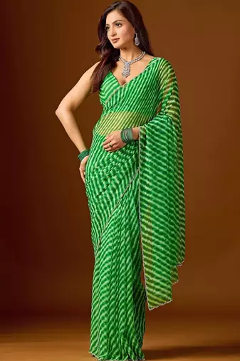 Green leheriya beads and stones  chiffon saree