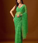 Green leheriya beads and stones  chiffon saree