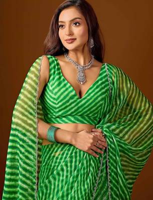 Green leheriya beads and stones  chiffon saree 2