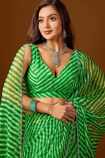 Green leheriya beads and stones  chiffon saree