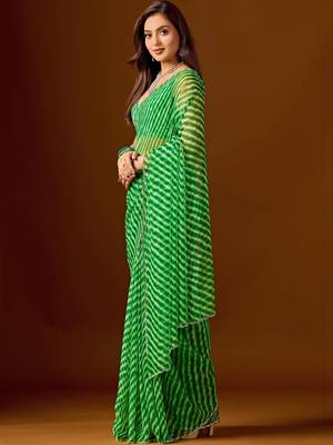 Green leheriya beads and stones  chiffon saree 3