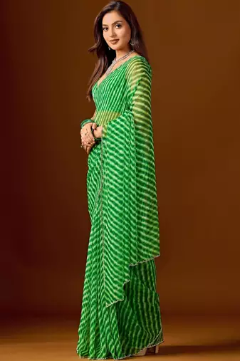 Green leheriya beads and stones  chiffon saree