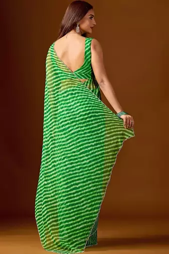 Green leheriya beads and stones  chiffon saree