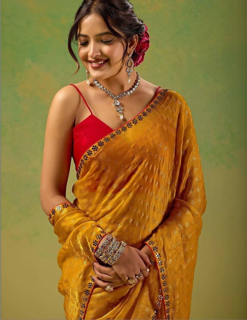 Mustard zari tissue saree