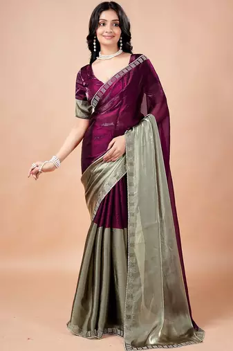 Purple women ethnic motifs woven design saree