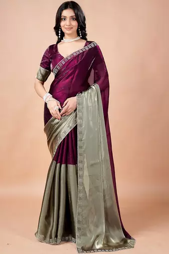 Purple women ethnic motifs woven design saree
