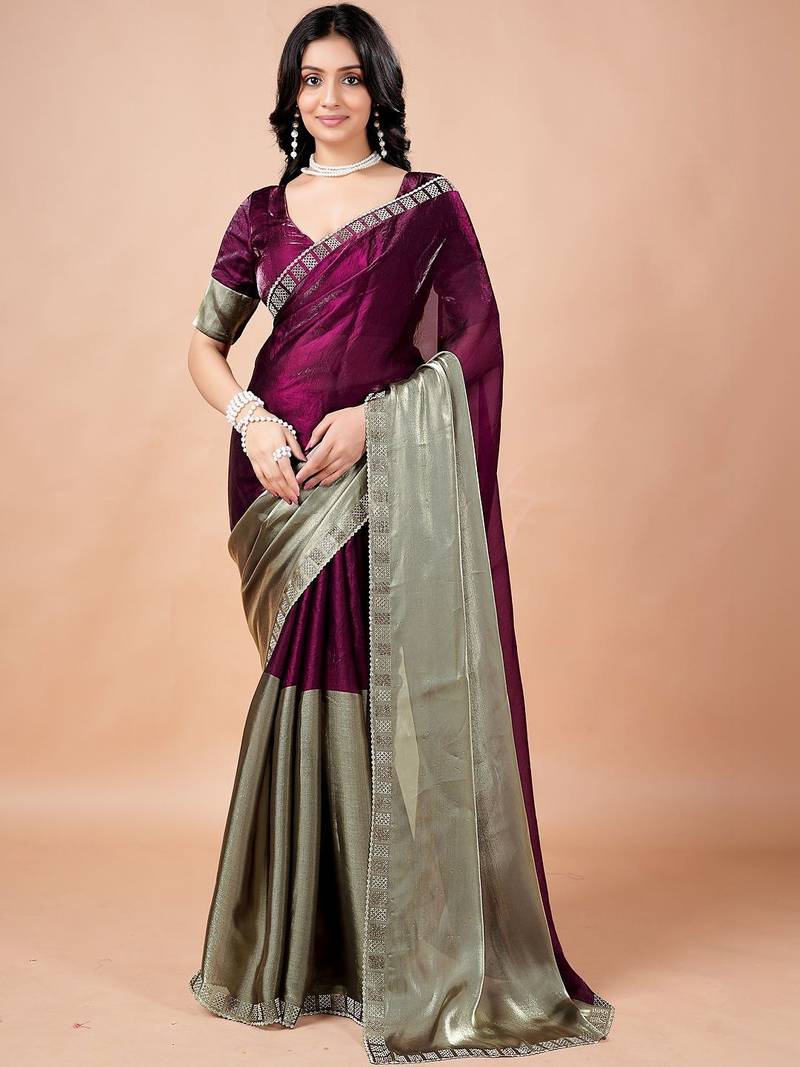Purple women ethnic motifs woven design saree