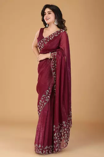Magenta embellished beads and stones tissue saree