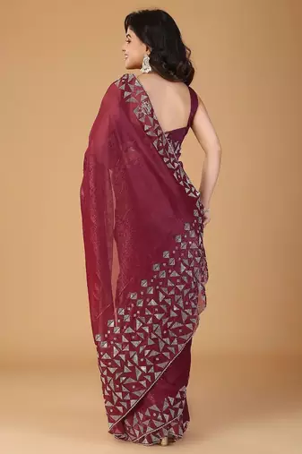 Magenta embellished beads and stones tissue saree