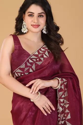 Magenta embellished beads and stones tissue saree