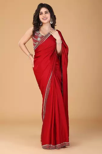 Red stonework embellished beads border satin saree with unstitched blouse