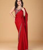 Red stonework embellished beads border satin saree with unstitched blouse