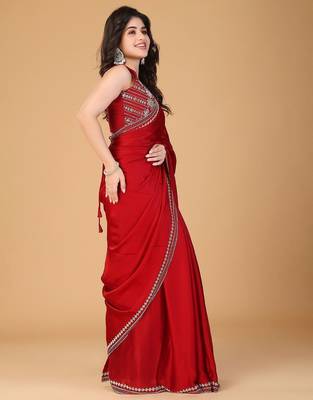 Red stonework embellished beads border satin saree with unstitched blouse 2