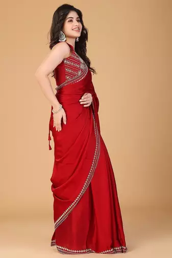 Red stonework embellished beads border satin saree with unstitched blouse