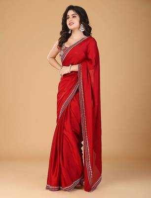 Red stonework embellished beads border satin saree with unstitched blouse 3