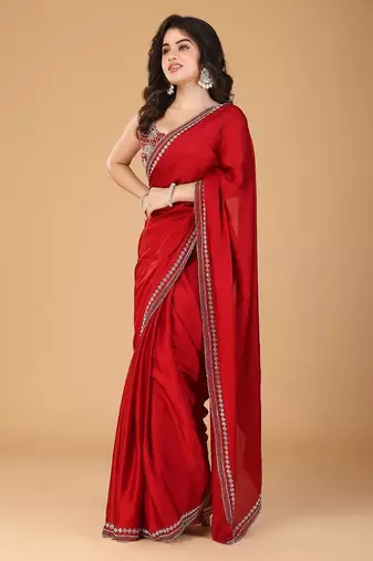 Red stonework embellished beads border satin saree with unstitched blouse