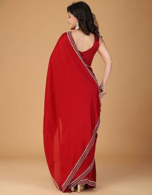 Red stonework embellished beads border satin saree with unstitched blouse 4