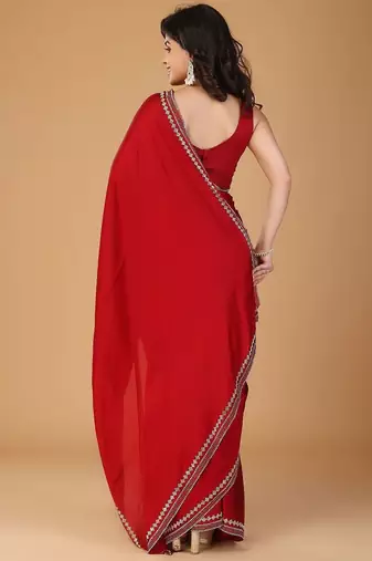 Red stonework embellished beads border satin saree with unstitched blouse