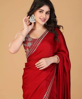 Red stonework embellished beads border satin saree with unstitched blouse 5