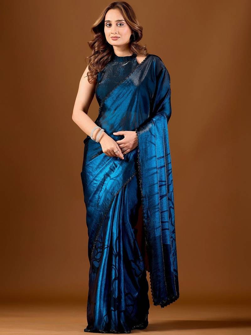 Blue floral organza saree