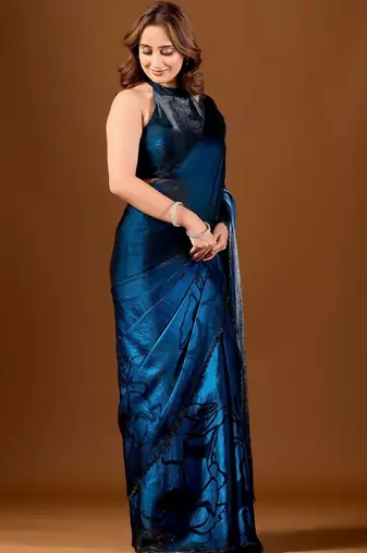 Blue floral organza saree