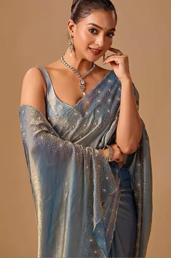 Blue embellished beads and stones organza heavy work saree