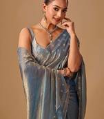 Blue embellished beads and stones organza heavy work saree