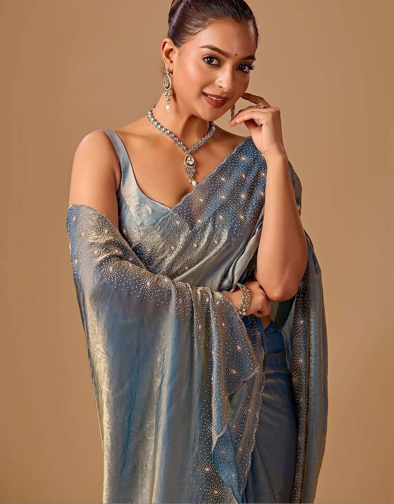 Blue embellished beads and stones organza heavy work saree