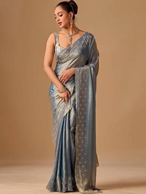 Blue embellished beads and stones organza heavy work saree 2