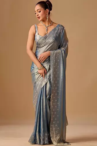 Blue embellished beads and stones organza heavy work saree