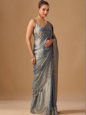 Blue embellished beads and stones organza heavy work saree 3
