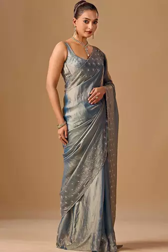 Blue embellished beads and stones organza heavy work saree