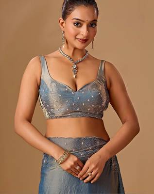 Blue embellished beads and stones organza heavy work saree 4