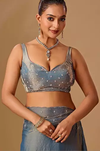 Blue embellished beads and stones organza heavy work saree