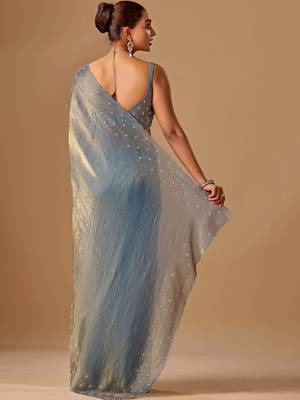 Blue embellished beads and stones organza heavy work saree 5