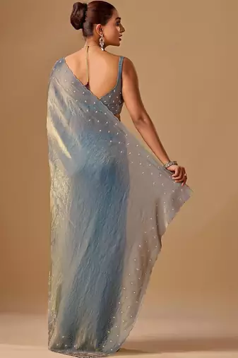 Blue embellished beads and stones organza heavy work saree