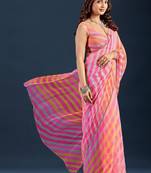 Pink striped beads and stones  chiffon saree
