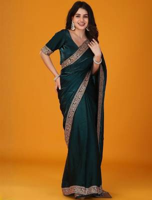 Teal embellished satin saree 1