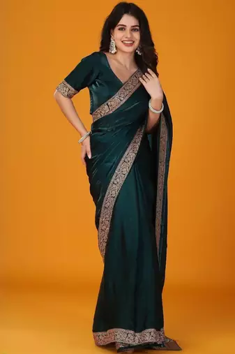Teal embellished satin saree