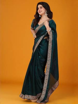 Teal embellished satin saree 2