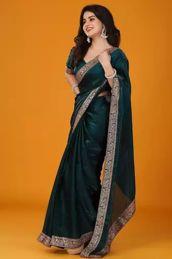 Teal embellished satin saree