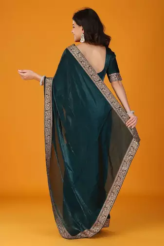 Teal embellished satin saree