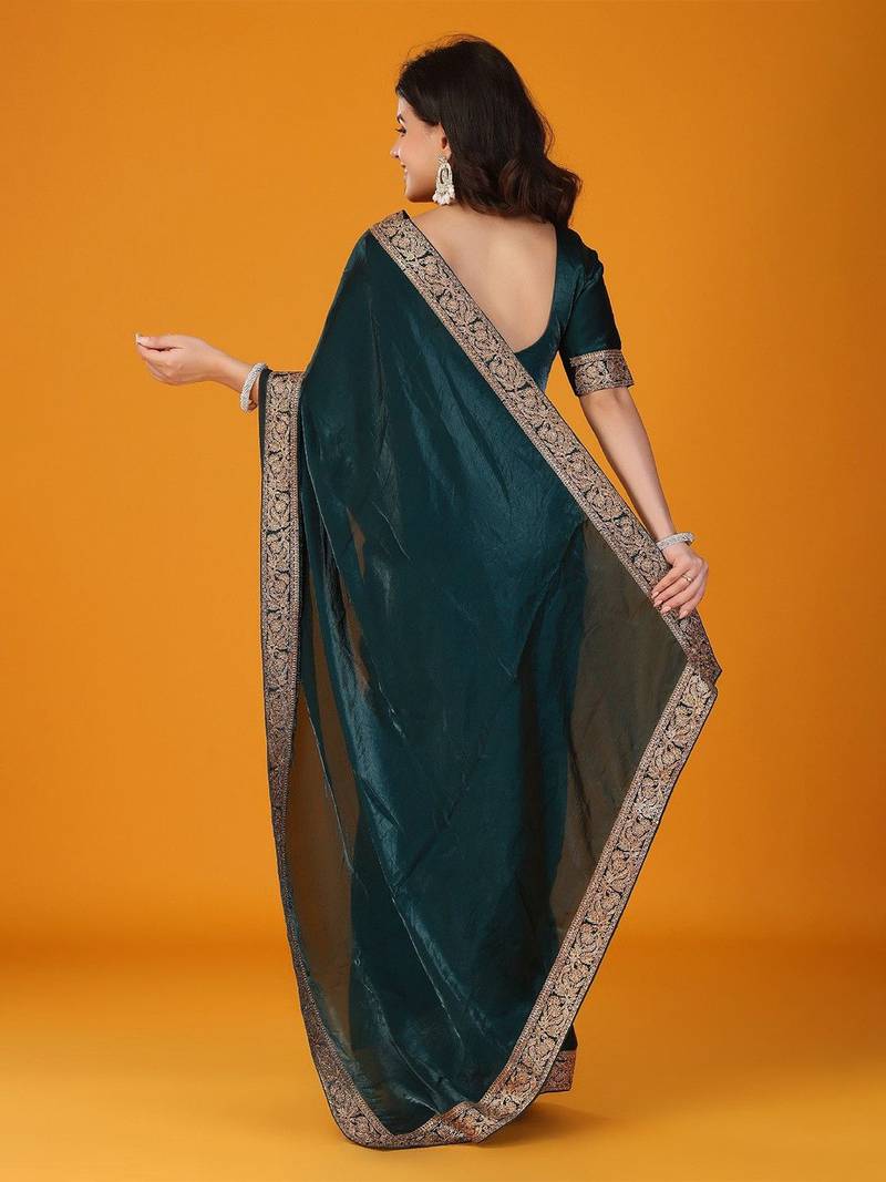 Teal embellished satin saree